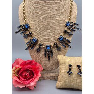 Gold Tone Blue Crystal Collar Statement Necklace & Dangle Earrings Art Deco Set
